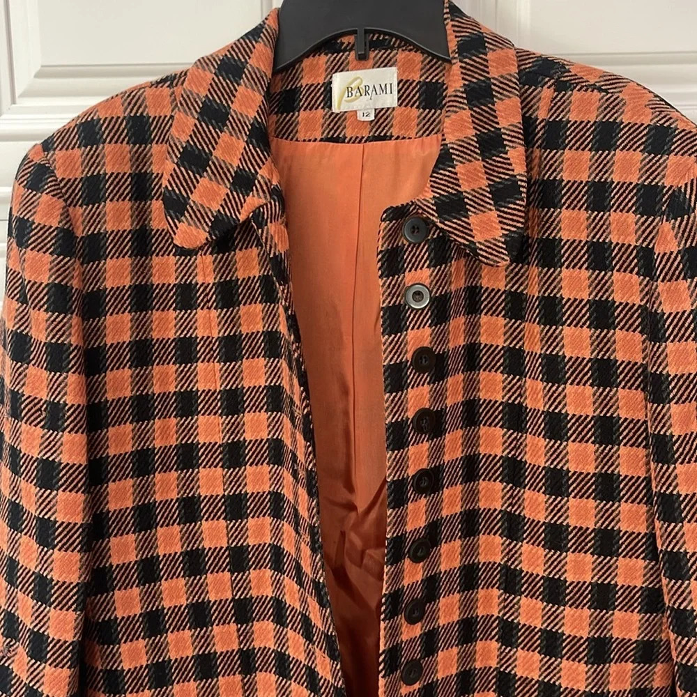 Vintage BARAMI 100% WOOL COAT BLAZER SZ 12 FULLY LINED BLACK ORANGE HOUNDSTOOTH - Picture 4 of 17